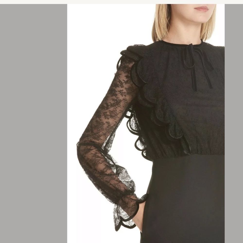 VALENTINO Black Lace Velvet Bow Ruffle Midi Dress - Picture 3 of 8